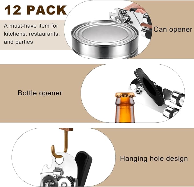 Handheld 3-in-1 Soft-Grip Manual Tin Opener (Pack of 12, Black)