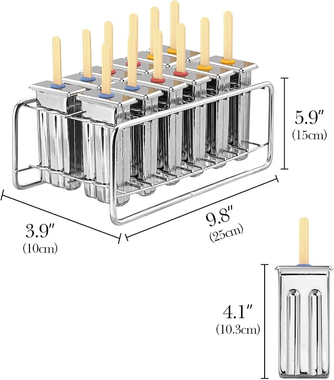12-Piece Large Stainless Steel Ice Lolly Mould Set with Holder Rack