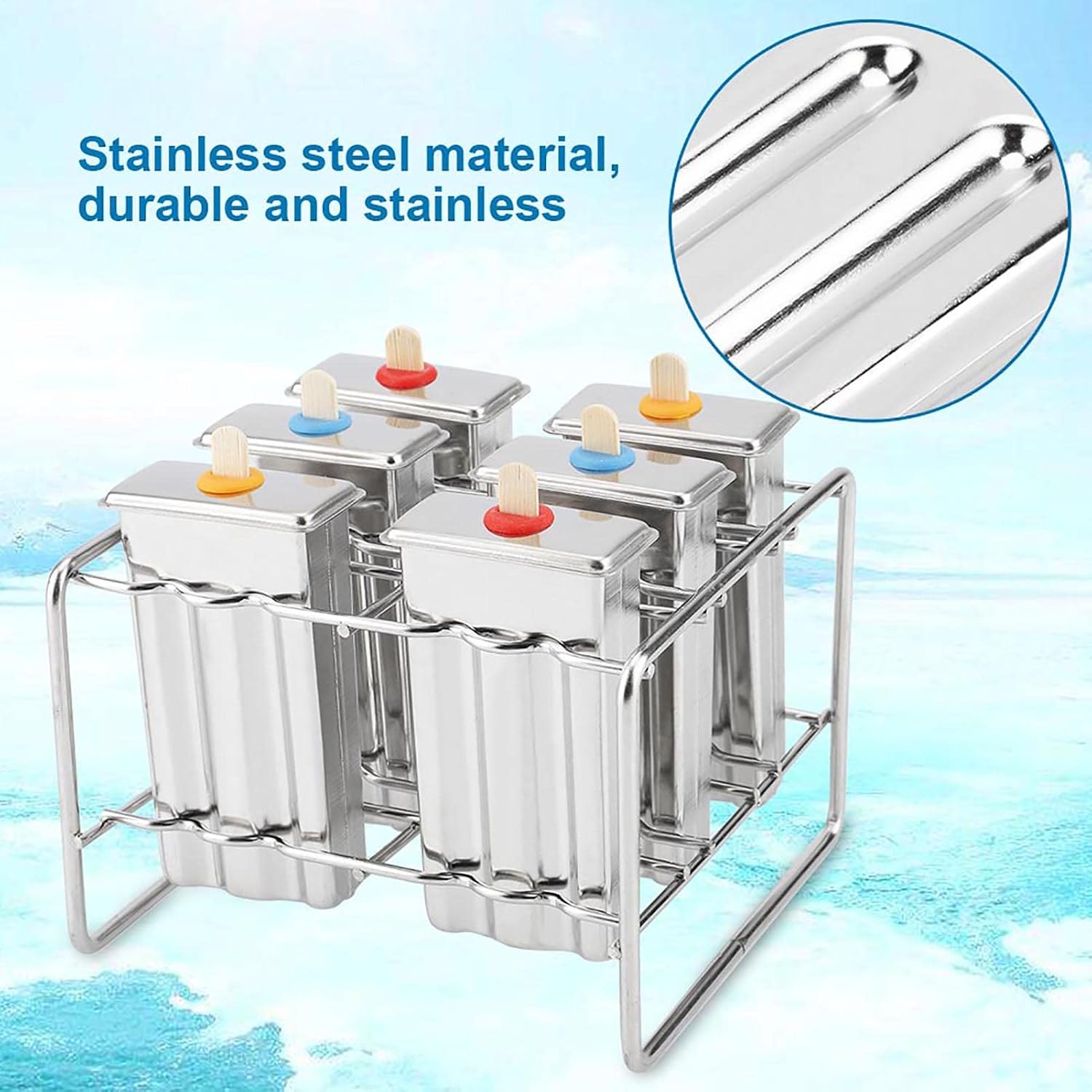 6-Cavity Seamless Stainless Steel Ice Lolly Mould with Holder