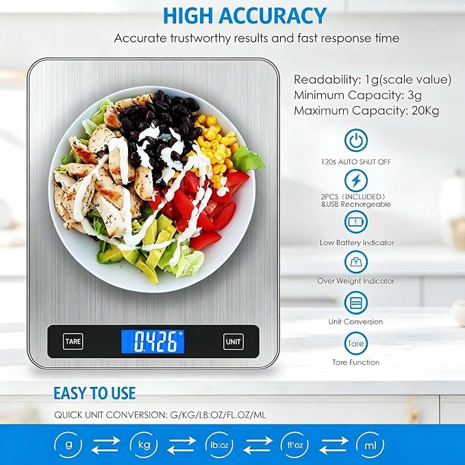 Heavy-Duty Digital Kitchen Scale (20kg Capacity, Stainless Steel Platform)