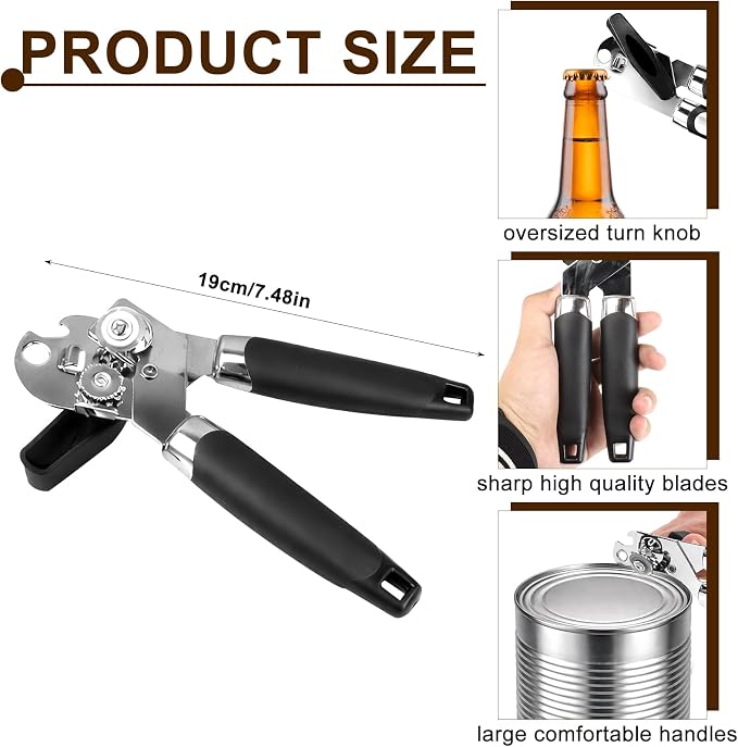 Handheld 3-in-1 Soft-Grip Manual Tin Opener (Pack of 12, Black)