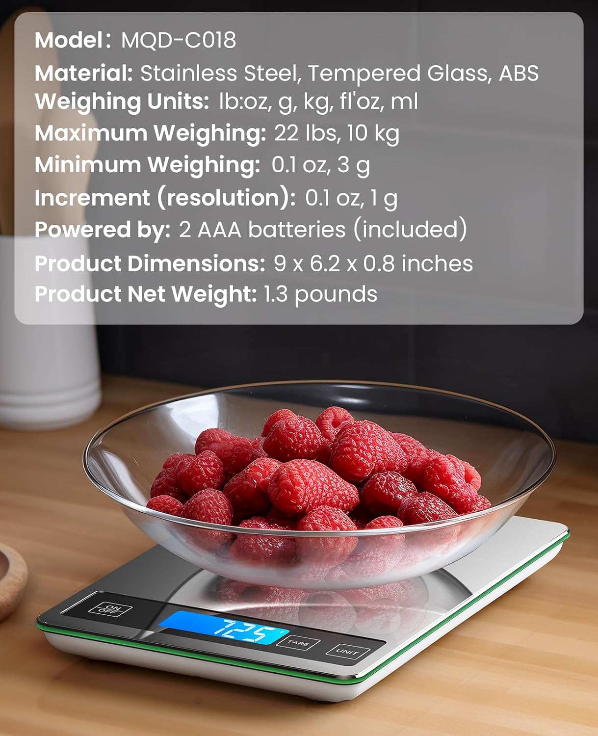 Tempered Glass Digital Kitchen Food Scale (10kg / 22lb, Dark Grey)