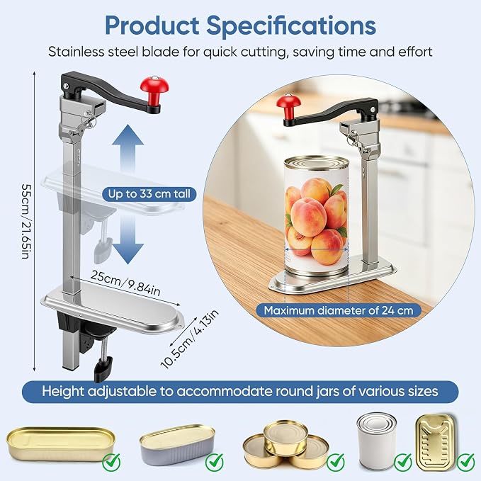 Adjustable Table-Mount Heavy-Duty Tin Opener (Clamp-On, No Drill)