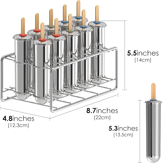 10-Piece Round Stainless Steel Ice Lolly Mould Set with Stand