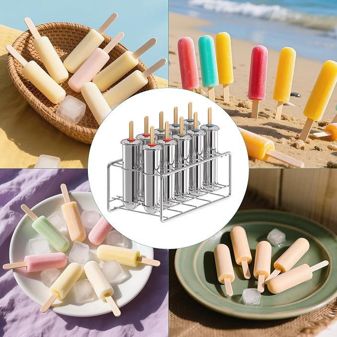 10-Piece Round Stainless Steel Ice Lolly Mould Set with Stand