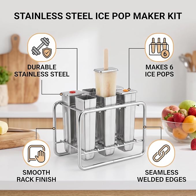 Stainless Steel Ice Lolly Mould Kit with Wooden Sticks & Brush