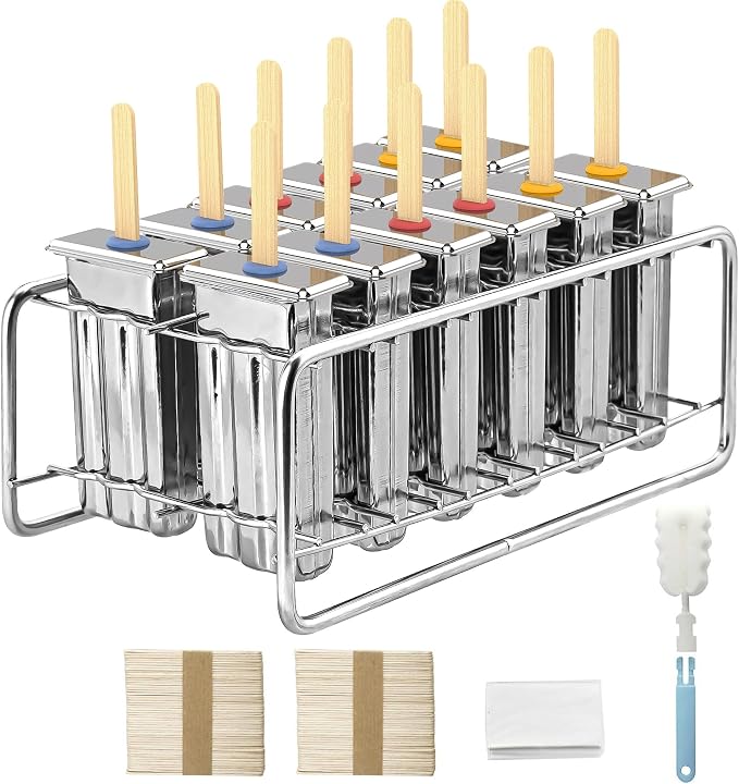 12-Piece Large Stainless Steel Ice Lolly Mould Set with Holder Rack