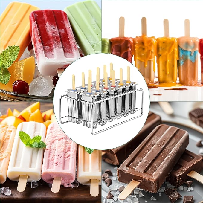 12-Piece Large Stainless Steel Ice Lolly Mould Set with Holder Rack