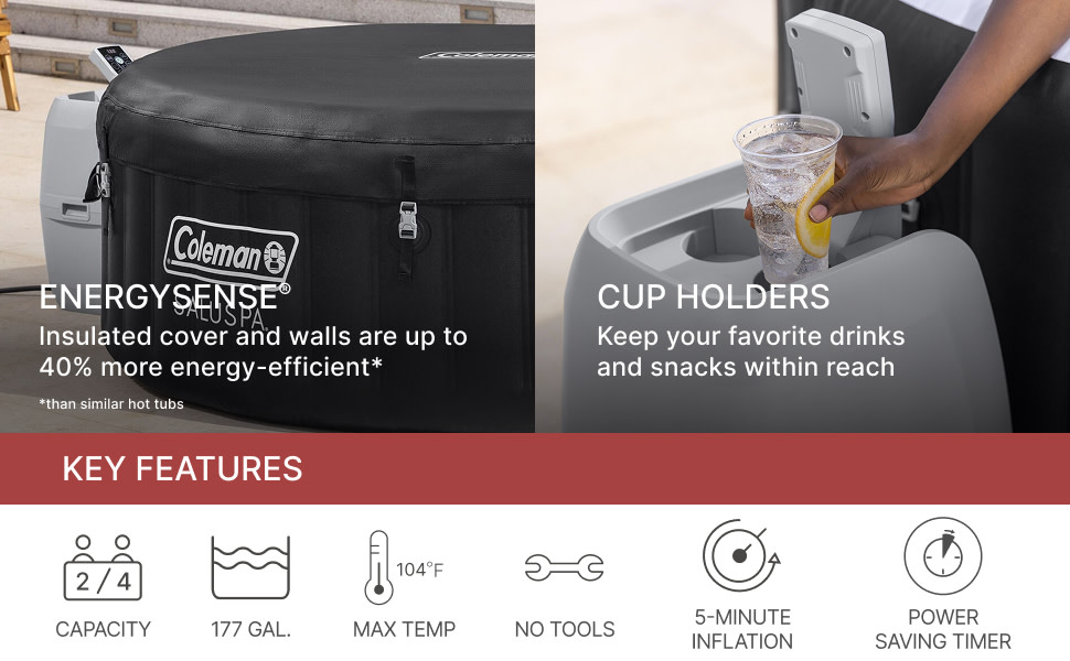 Product feature image of a Coleman SaluSpa inflatable hot tub showing an insulated black cover label