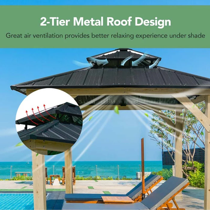 Eletriclife 10 x 10 FT Outdoor Patio Hardtop Gazebo with Double Steel Roof & Solid Wood Frame