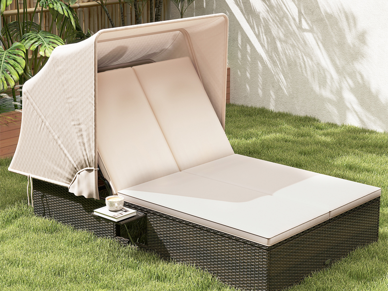 RELAX4LIFE Outdoor Daybed with Retractable Canopy - Wicker Double Chaise Lounge Bed