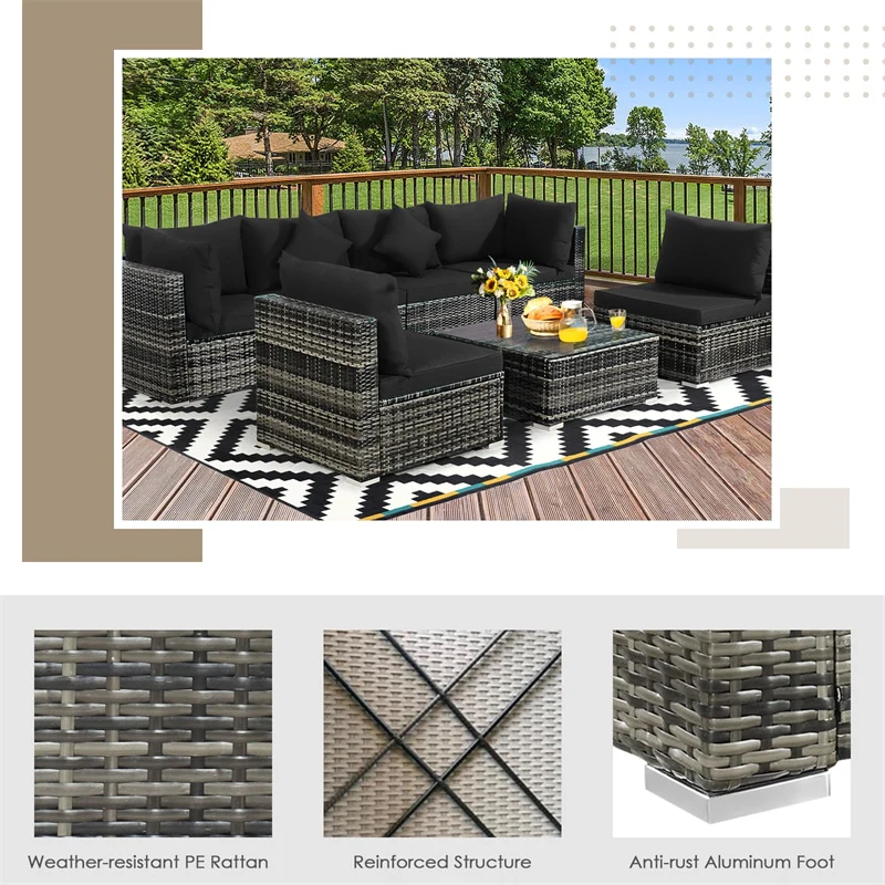 Eletriclife 7 Pcs Rattan Sectional Sofa Set with Cushions & Coffee Table