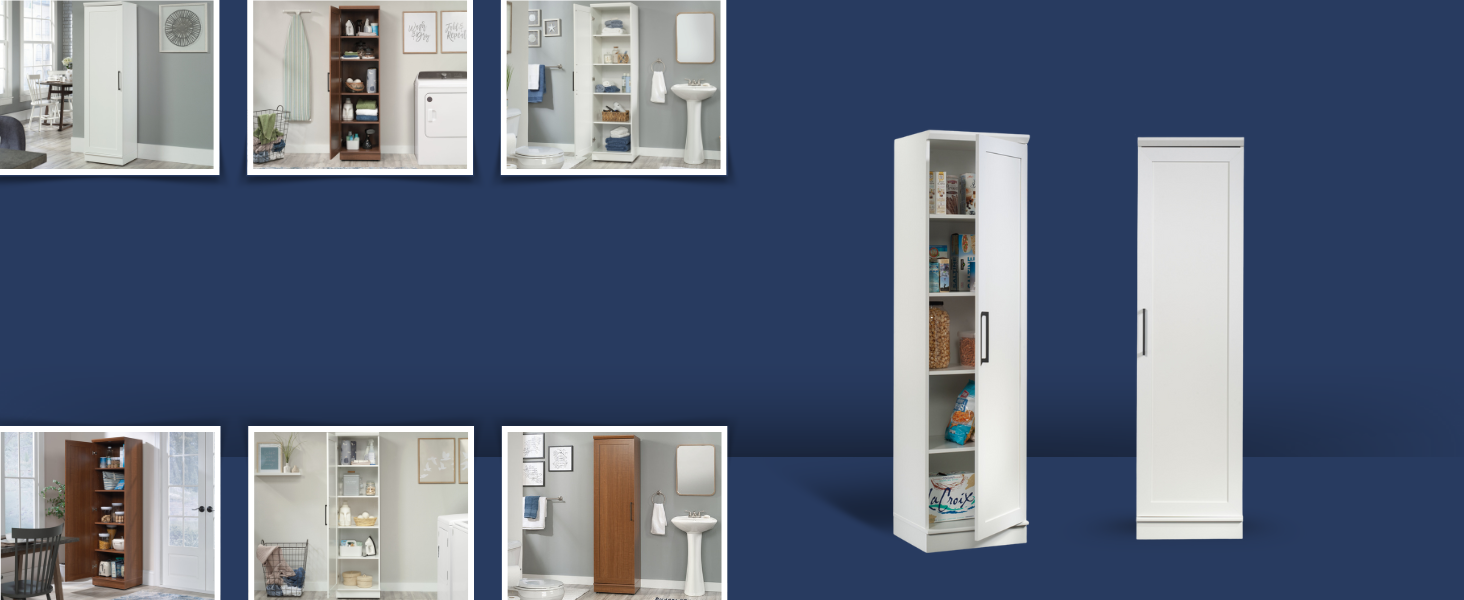 A single door storage cabinet shown with multiple uses