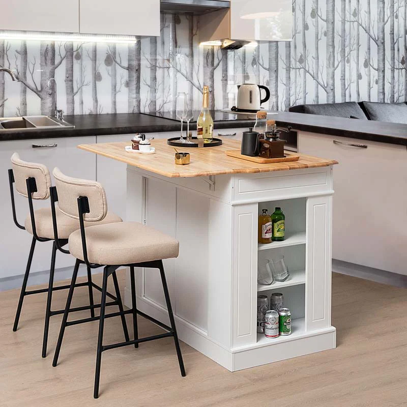 Eletriclife Rubber Wood Top Kitchen Island with Storage and Drop Leaf