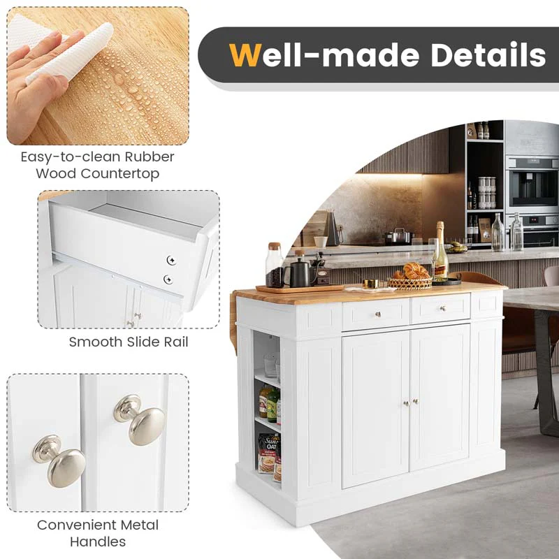 Eletriclife Rubber Wood Top Kitchen Island with Storage and Drop Leaf