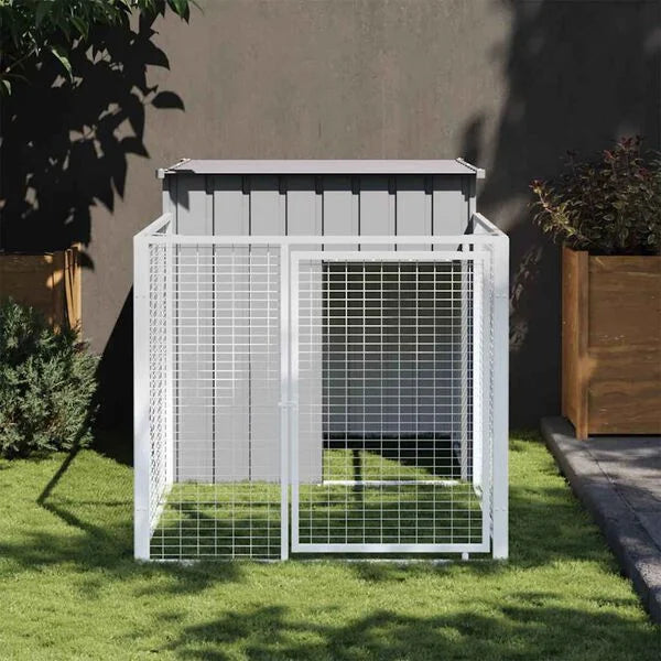 Dog House with Run Light Grey 110x201x110 cm Galvanised Steel-petscare-ltd.com