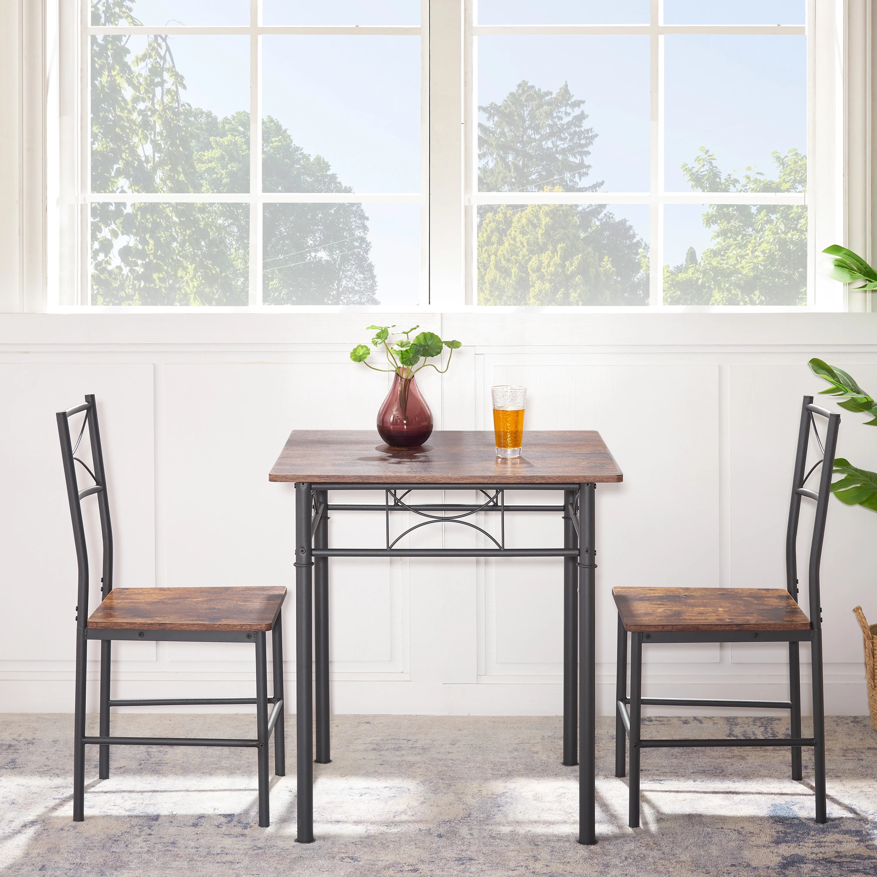 Dining Room Set for 2, Seizeen Kitchen Table Set with Chairs, Modern Metal Dining Set with Black Frame and Retro Brown Finish