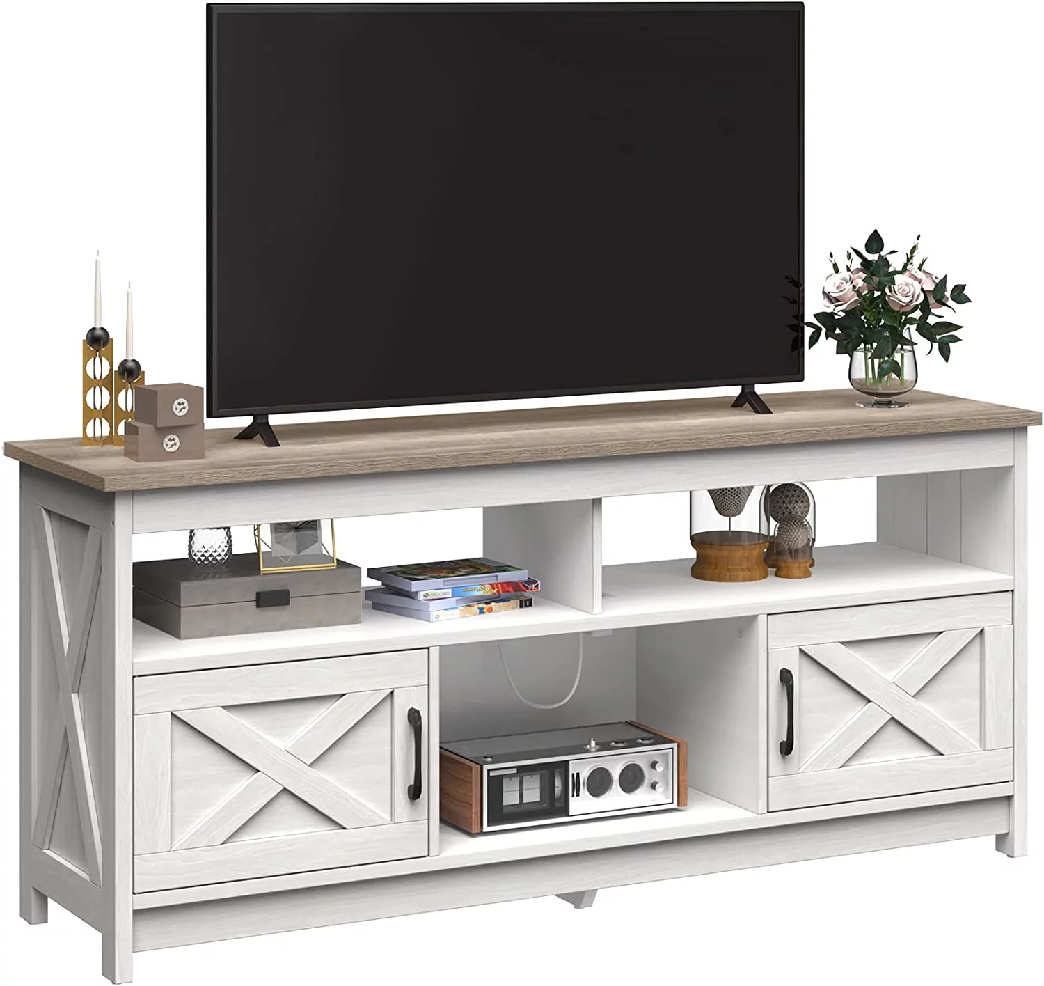 DEXTRUS Farmhouse TV Stand up to 65 inch with Power Outlet, Media Console with Storage Shelves for Living Room, Grey Wash - Curated Treasures Market