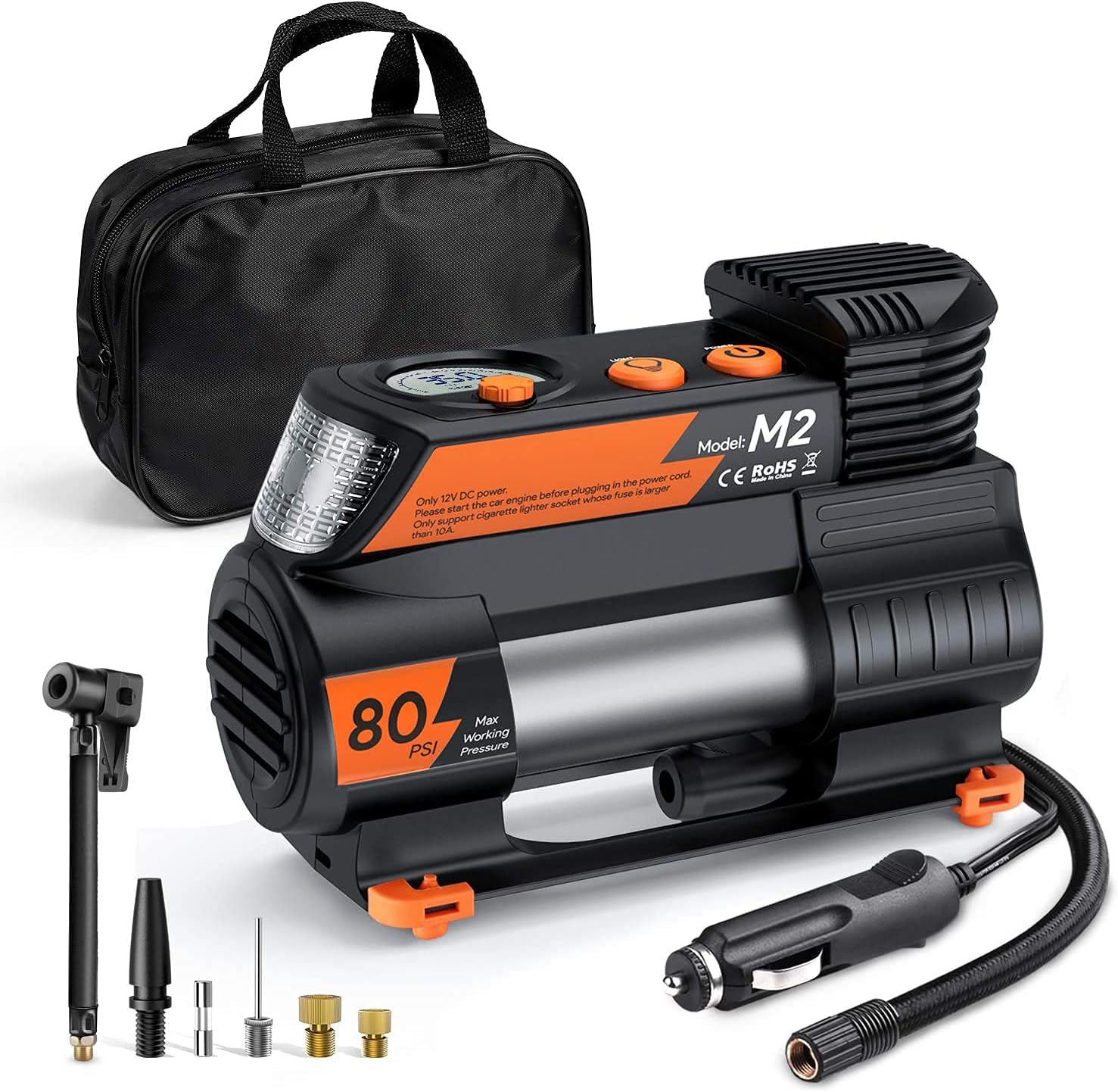 TTKK Tire Inflator 12V DC Digital Auto Tire Inflator M2(Orange) Portable Air Compressor Pump with Digital Pressure Gauge for Cars Bikes and Other