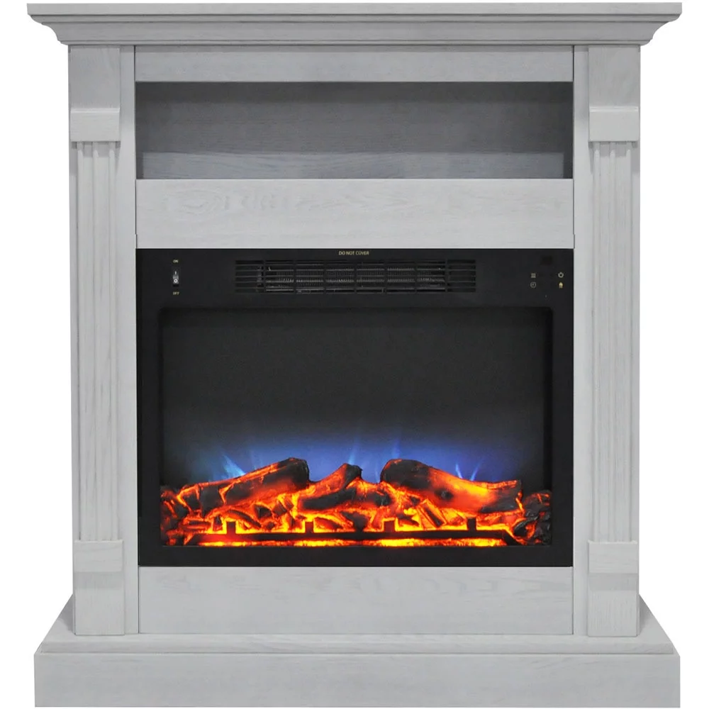 Cambridge Sienna 34" Freestanding White Mantel Electric Fireplace Heater with Realistic Multi-Color LED Flames & Log Insert | Heater For Rooms up to