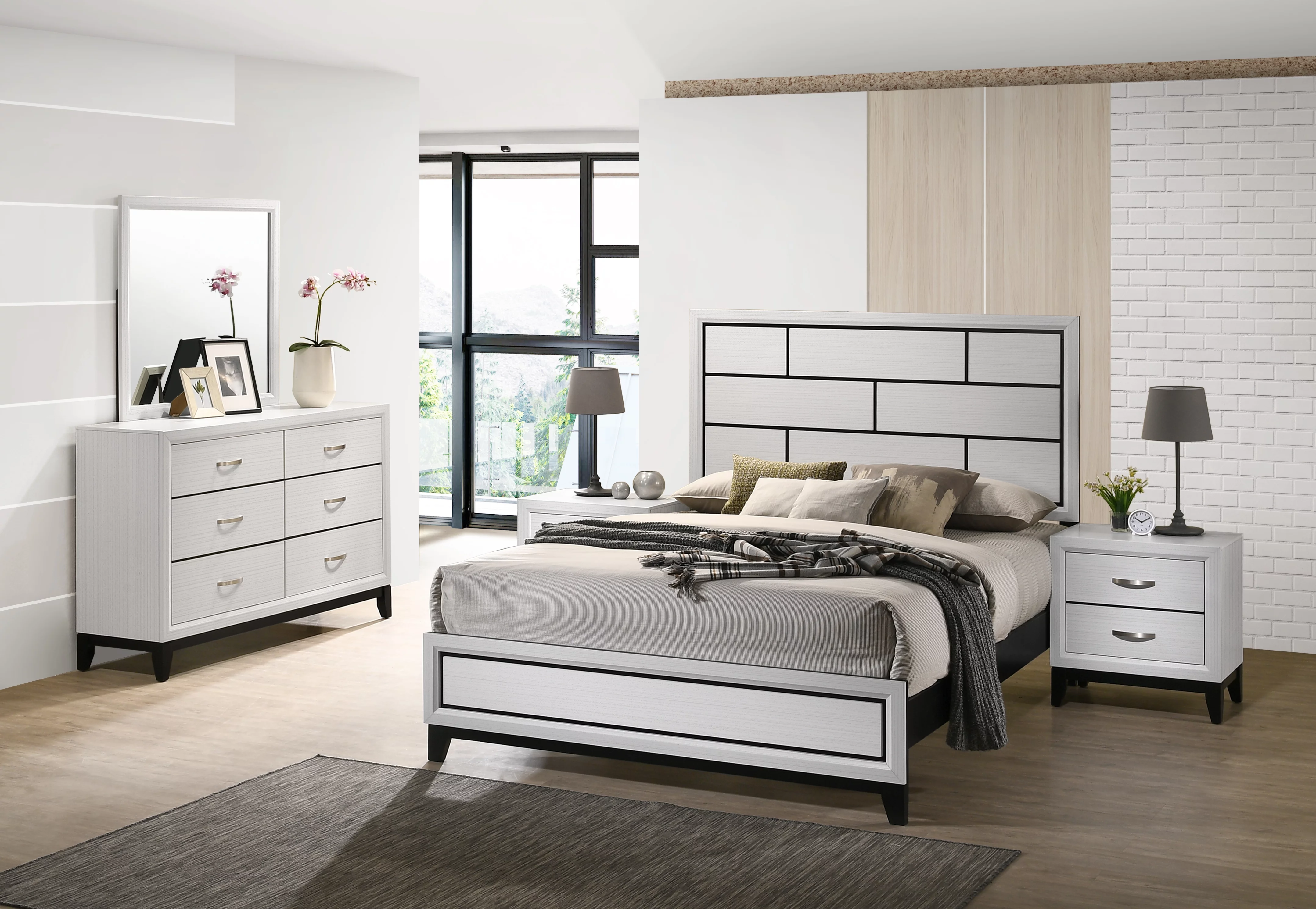 Stout Contemporary Panel Bedroom Set in White Finish with Queen Bed, Dresser, Mirror, 2 Night Stands