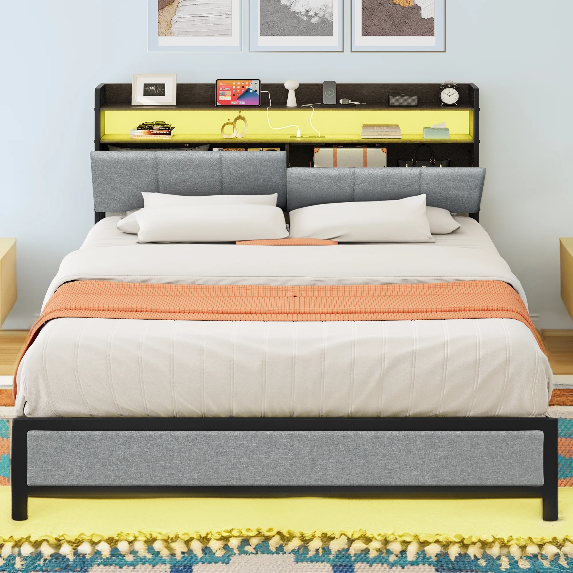 Dextrus Modern LED Light Bed Frame with Shelf Storage & Upholstered Headboard and Charging Convenience, No Box Spring Needed, Gray