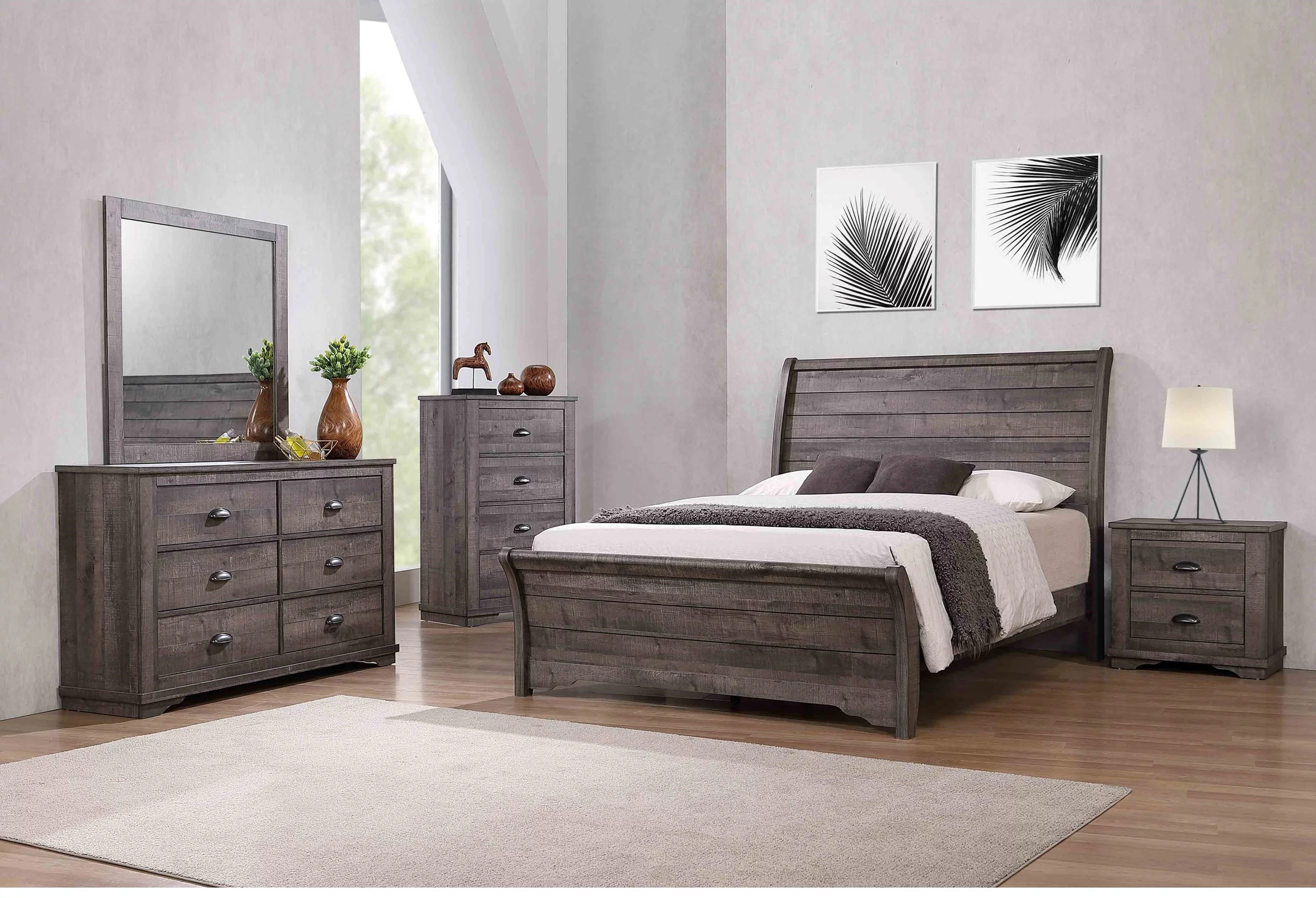 Traditional Rustic Style 5pc King Size Bed Dresser Mirror Nightstand Set Bedroom Wooden Furniture Gray Finish