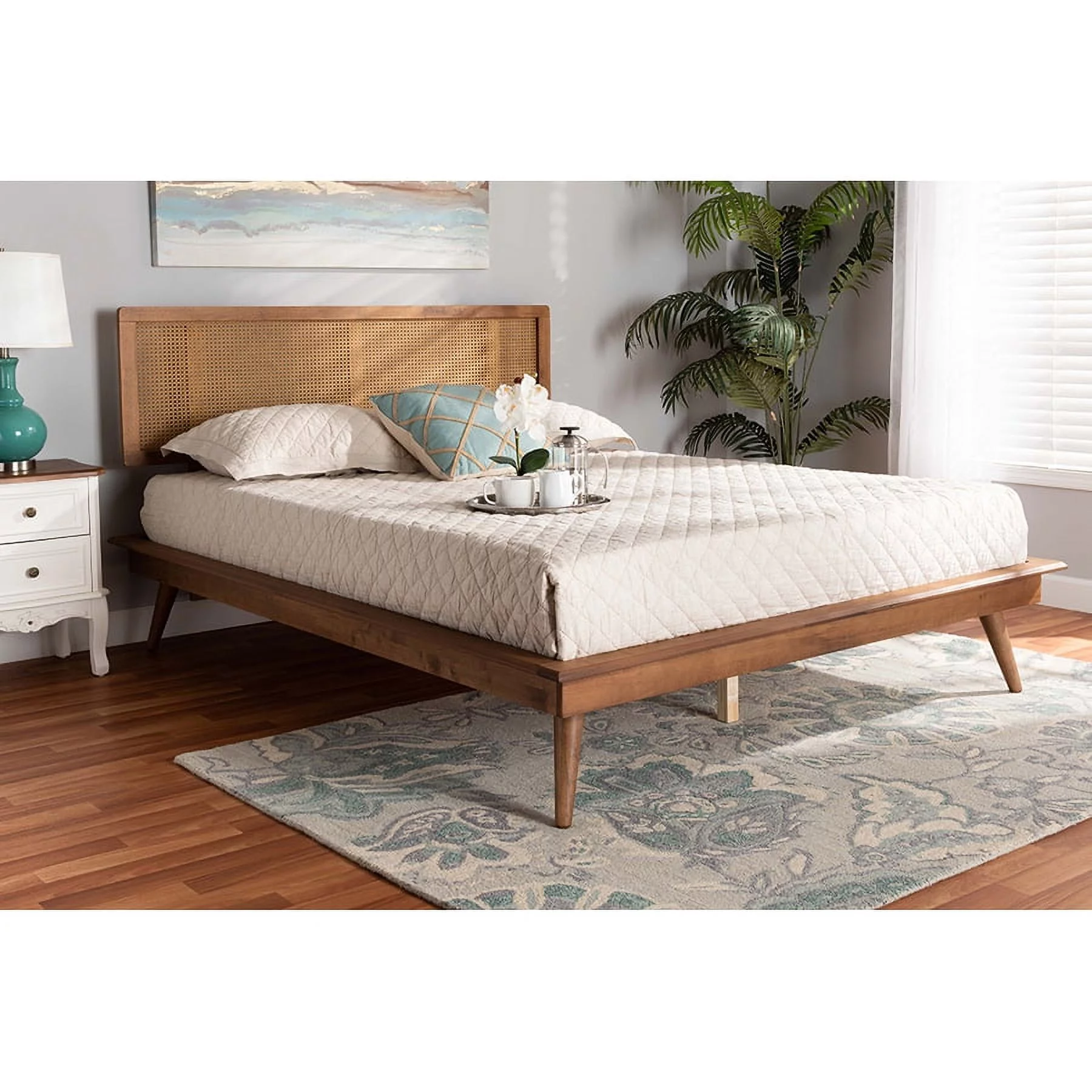 Baxton Studio Nura Mid-Century Modern Walnut Brown Finished Wood and Synthetic Rattan Full Size Platform Bed