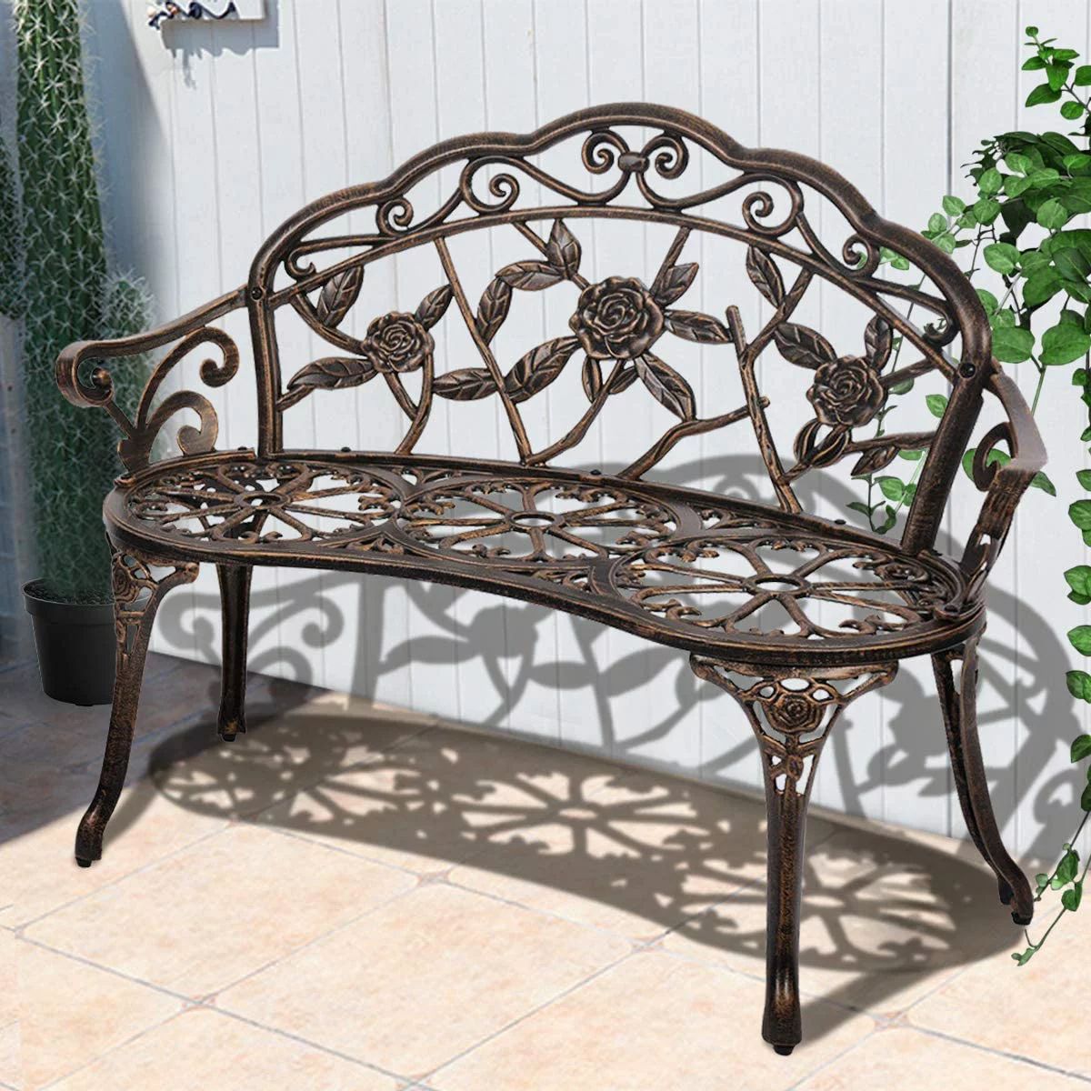 Garden Bench Outdoor Metal Rose,39in Cast Iron Well-Crafted Floral Back Antique Finish Park Chair