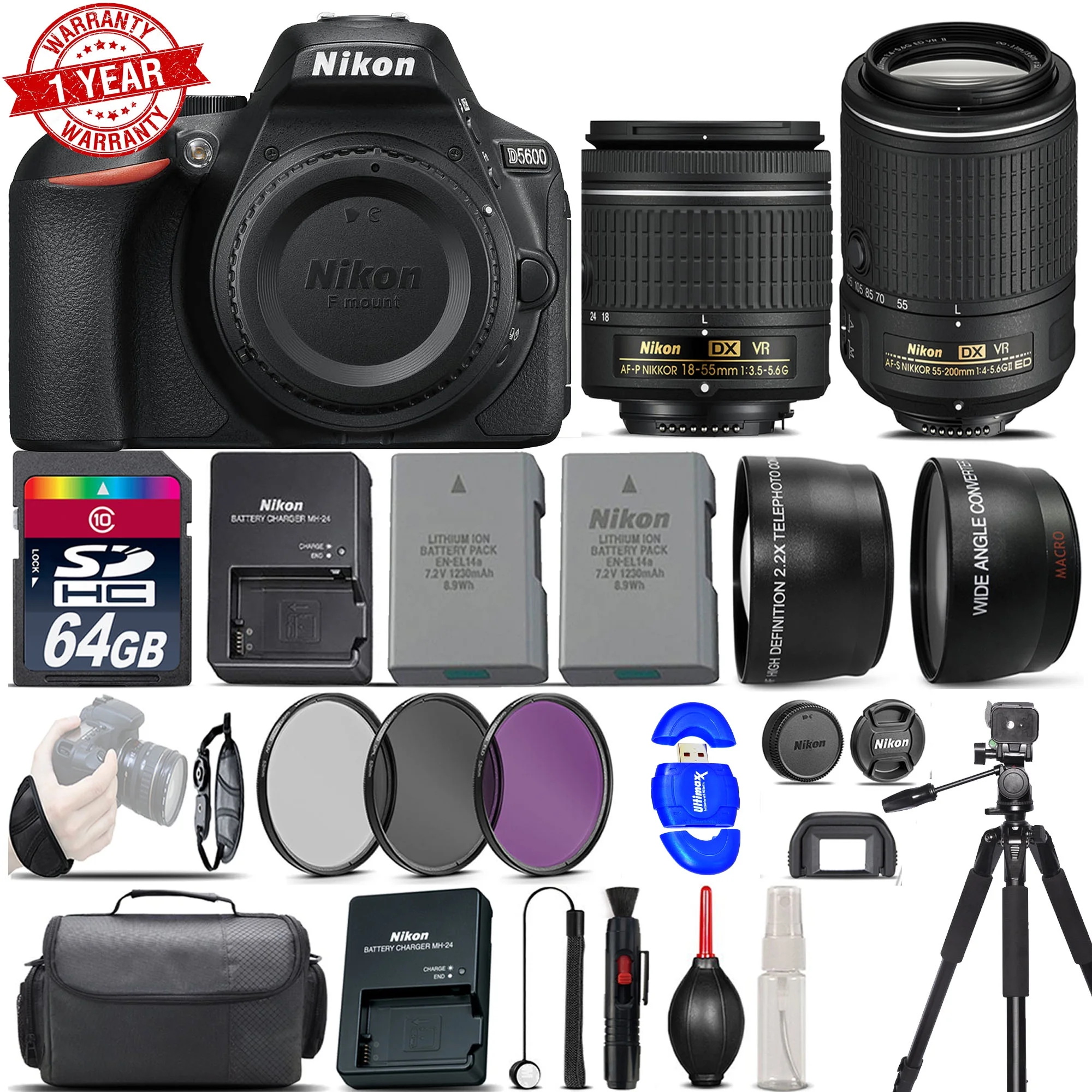 Nikon D5600 Digital SLR Camera + 18-55mm VR + 55-200mm VR II + EXT BATT + 64GB - Curated Treasures Market