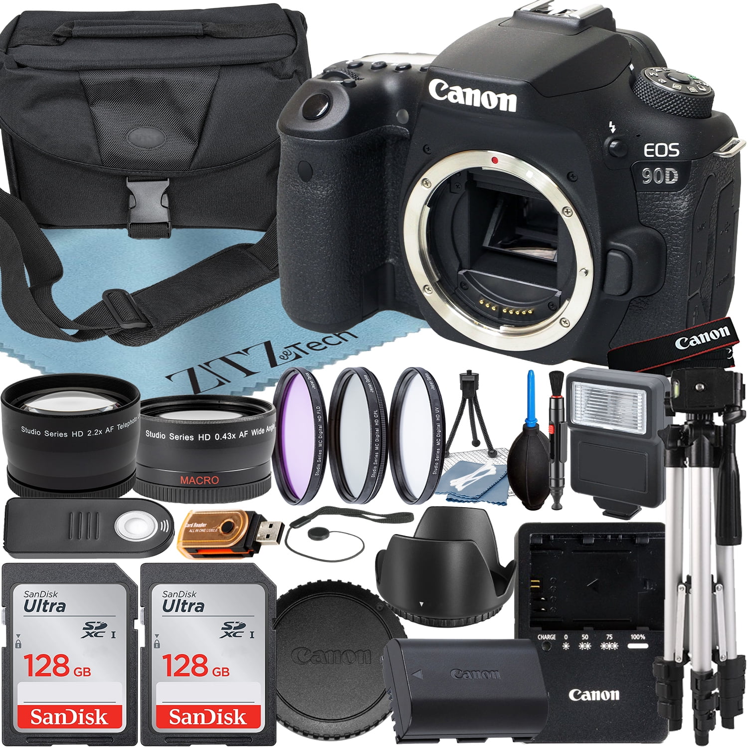 Canon EOS 90D DSLR Camera (Body Only) with 32.5MP CMOS Sensor + SanDisk 128GB Card + Case + Wideangle + Tripod + ZeeTech Accessory Bundle