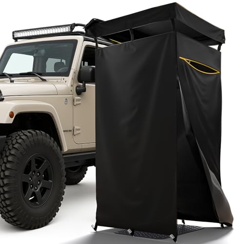 PYY Shower Awning- Awning Shower Tent with Roof Rack, Foldable Floor Mat, LED Light Strip, 3 Zippers for Safety & Access