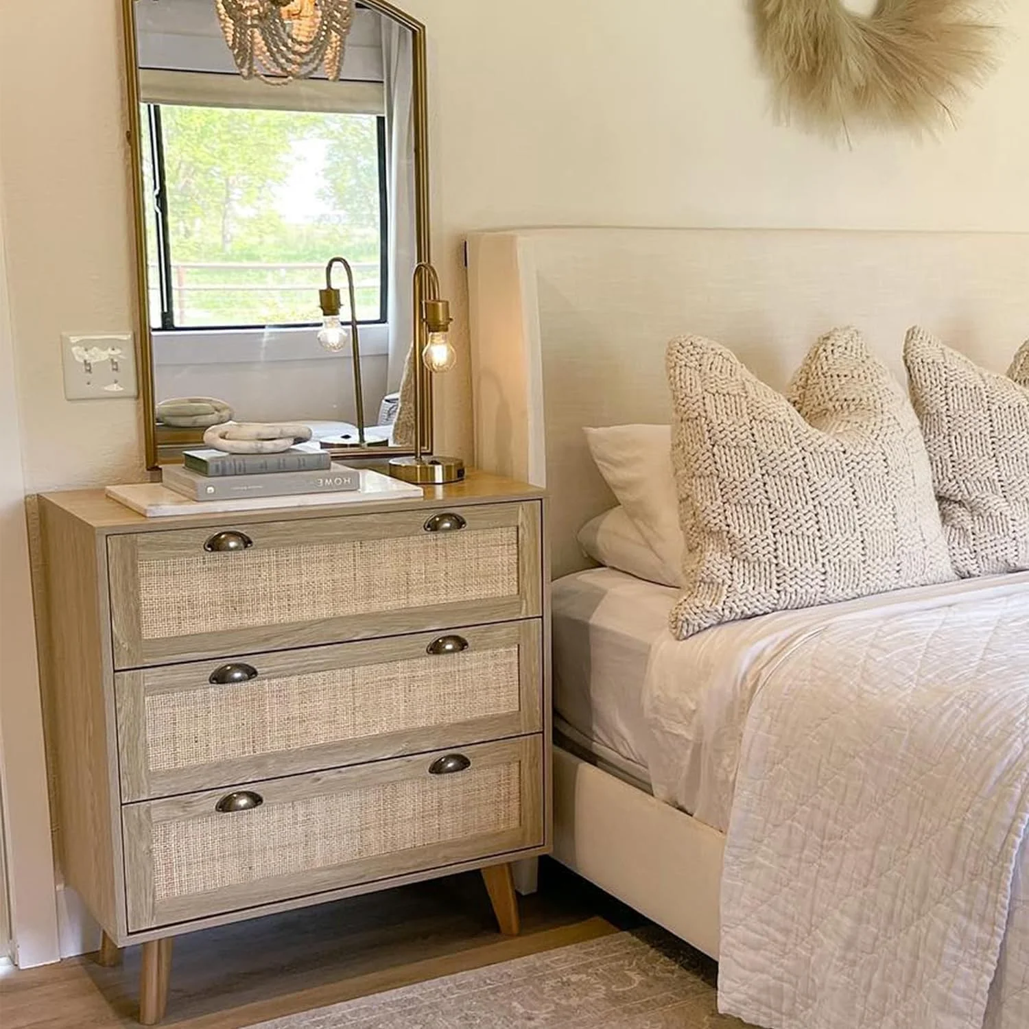 Rattan Cabinet - Chest of Drawers Small Cabinet for Living Room Bedroom Accent Storage Cabinet/Nightstand/Bedside Table, Rattan Dresser