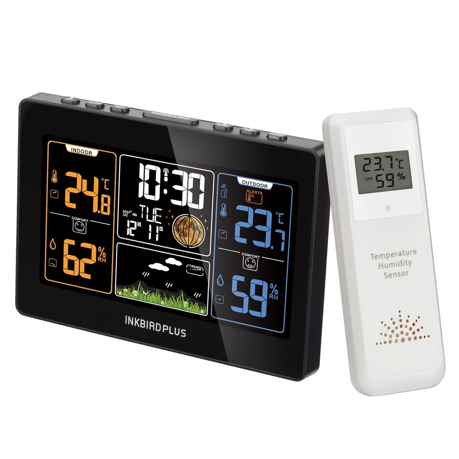 INKBIRDPLUS Home Weather Station Wireless Indoor Outdoor, Digital Thermometer and Hygrometer Weather Forecast Station with FCC Radio Clock