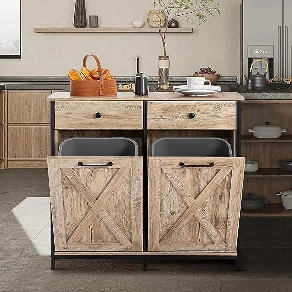 TJUNBOLIFE Double Barn Door Style Trash Cabinet  Double Tilt Out Trash Cabinet with Solid Hideaway Drawer Rustic Kitchen Trash Cabinet Free Standing
