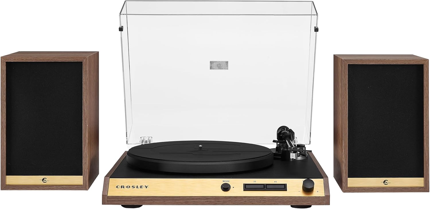 Crosley C72 2-Speed Belt-Drive Bluetooth Turntable Record Player with 80W Speakers and Carbon Fiber Tonearm, Walnut