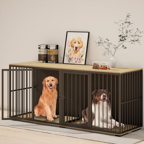 EBE Dog Crate Furniture, 71.6'' Metal Steel Frame Double Dog Kennel with 2 Rooms and Removable Divider
