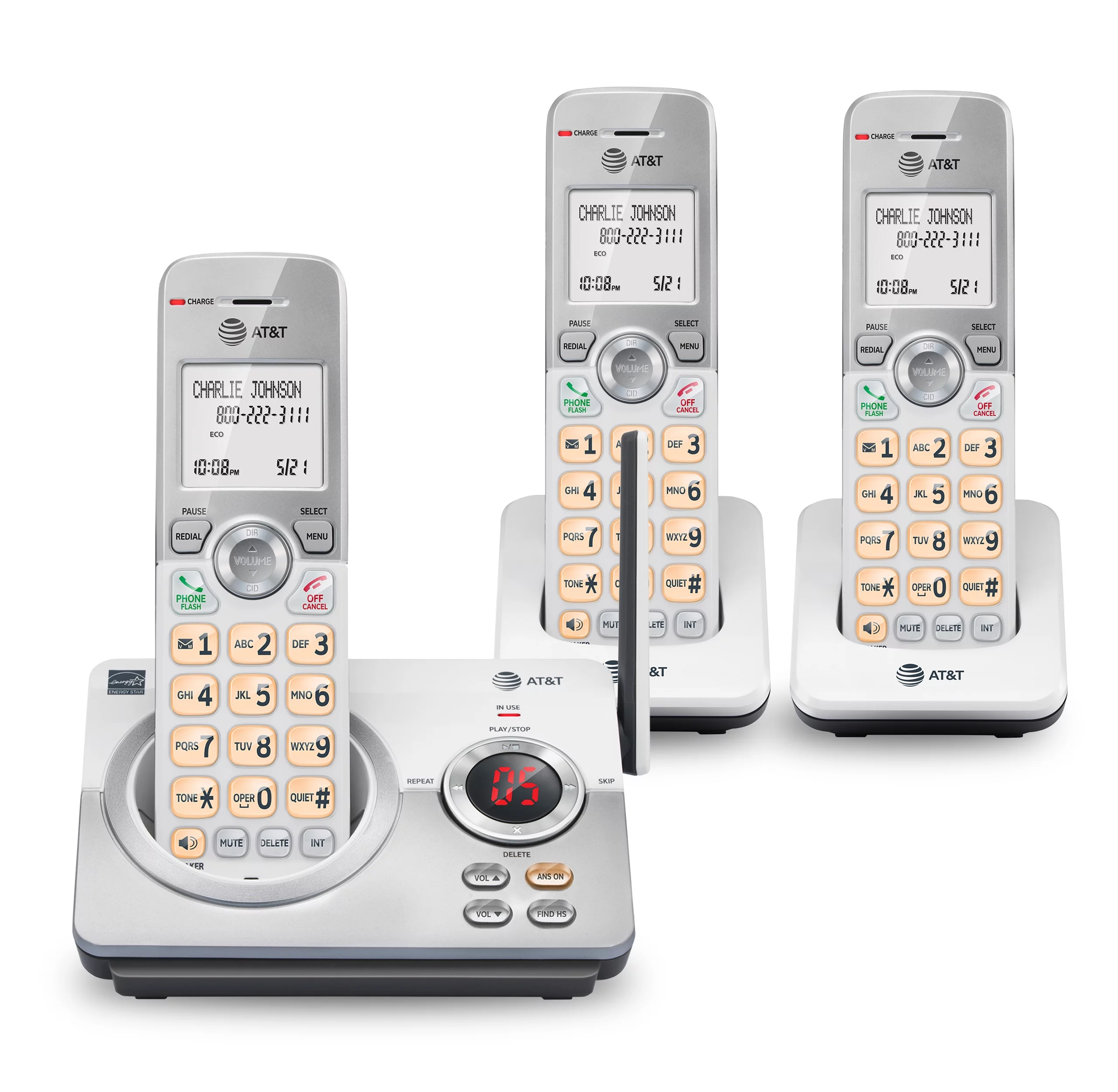 AT&T EL52319 Expandable Cordless Phone with Unsurpassed Range, Answering System and Caller ID, 3 Handsets, White/Silver
