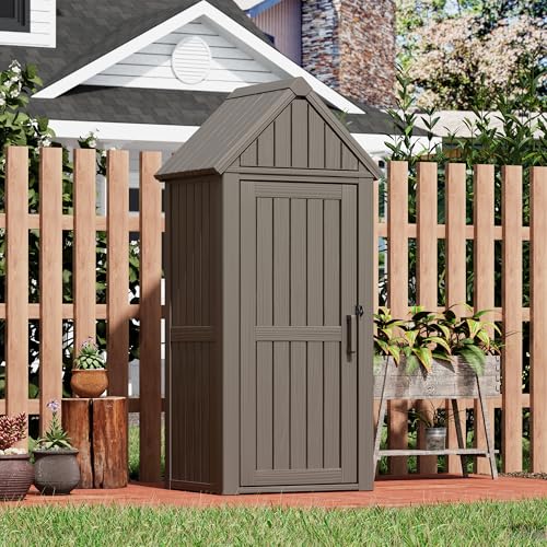 Outdoor Resin Storage Shed, Upgrade Durable Storage Cabinet with Removable Shelves and Lock Ring, Reinforced Floor