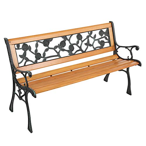 Outdoor Garden Bench, Antique Patio Bench with Cast Iron and Hardwood Frame, Weather Proof Porch Outdoor Loveseat with Rose Style Back for Backyard