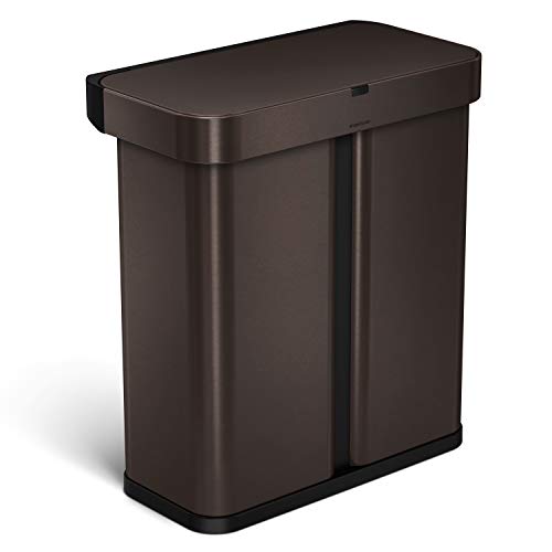 simplehuman 58 Liter / 15.3 Gallon Dual Compartment Rectangular Kitchen Recycling Trash Can with Voice and Motion Sensor, White Steel