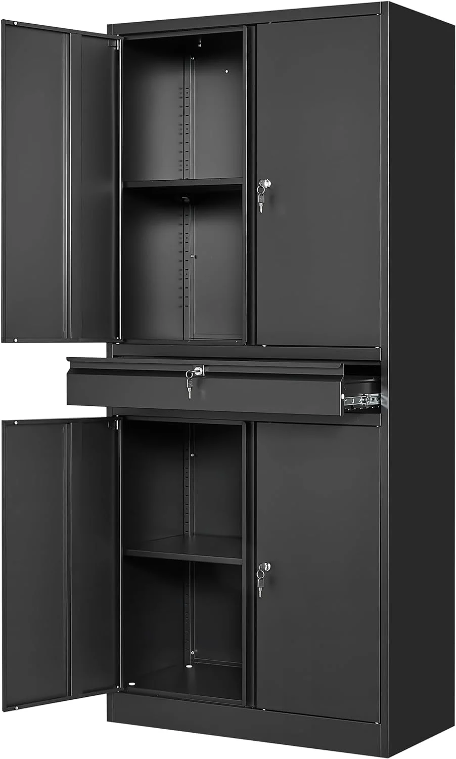 Metal garage storage cabinet with locked door and adjustable shelf