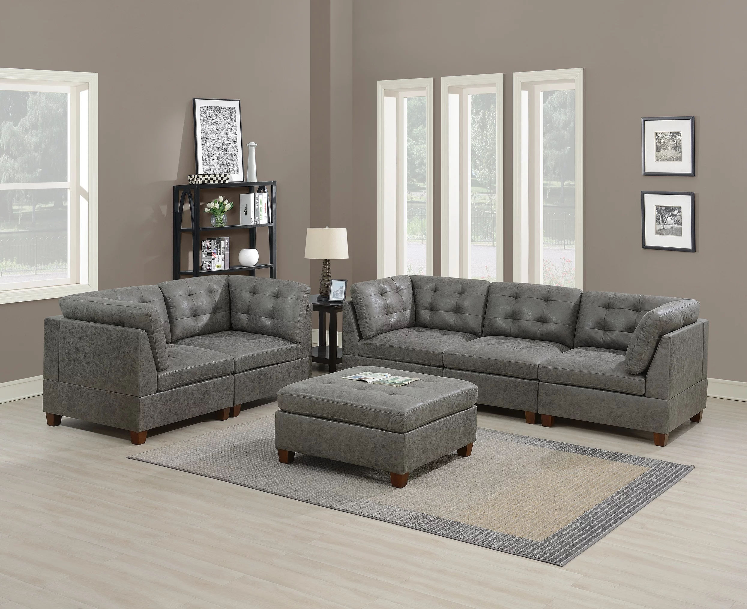 CoSoTower Living Room Furniture Antique Grey Modular Sofa Set 6Pc Set Breathable Leatherette Tufted Couch 4X Corner Wedge 1X Armless Chair and 1X