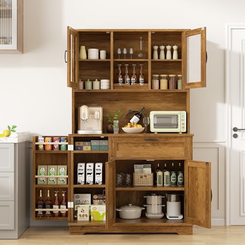 Shintenchi Kitchen Pantry Storage Cabinet, Freestanding Buffet Cabinet with Microwave Stand & 4 Door Shelves, Kitchen Hutch with Doors