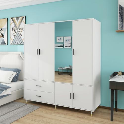 Armoire Wardrobe Closet: Wood Bedroom Armoire Dresser Clothes Storage Cabinet with 4 Doors 2 Hanging Rods 2 Drawers Mirror Organization 63" W x 20.4"
