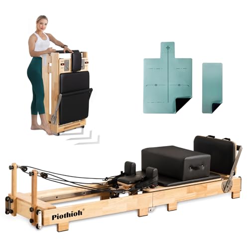 Pilates Reformer Machine - Foldable Wooden Reformer with Springs, Jump Board & Sitting Box | Home & Studio Use for Core Strength