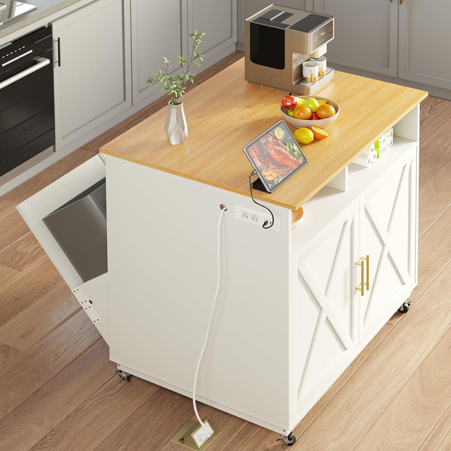 DWVO Square Kitchen Island with Double Tilt Out Trash Can Storage Cabinet