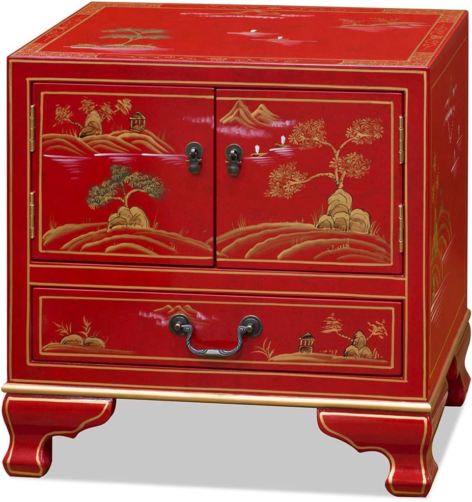 ChinaFurnitureOnline Hand Painted Red Chinoiseries Scenery Motif Oriental Accent Cabinet