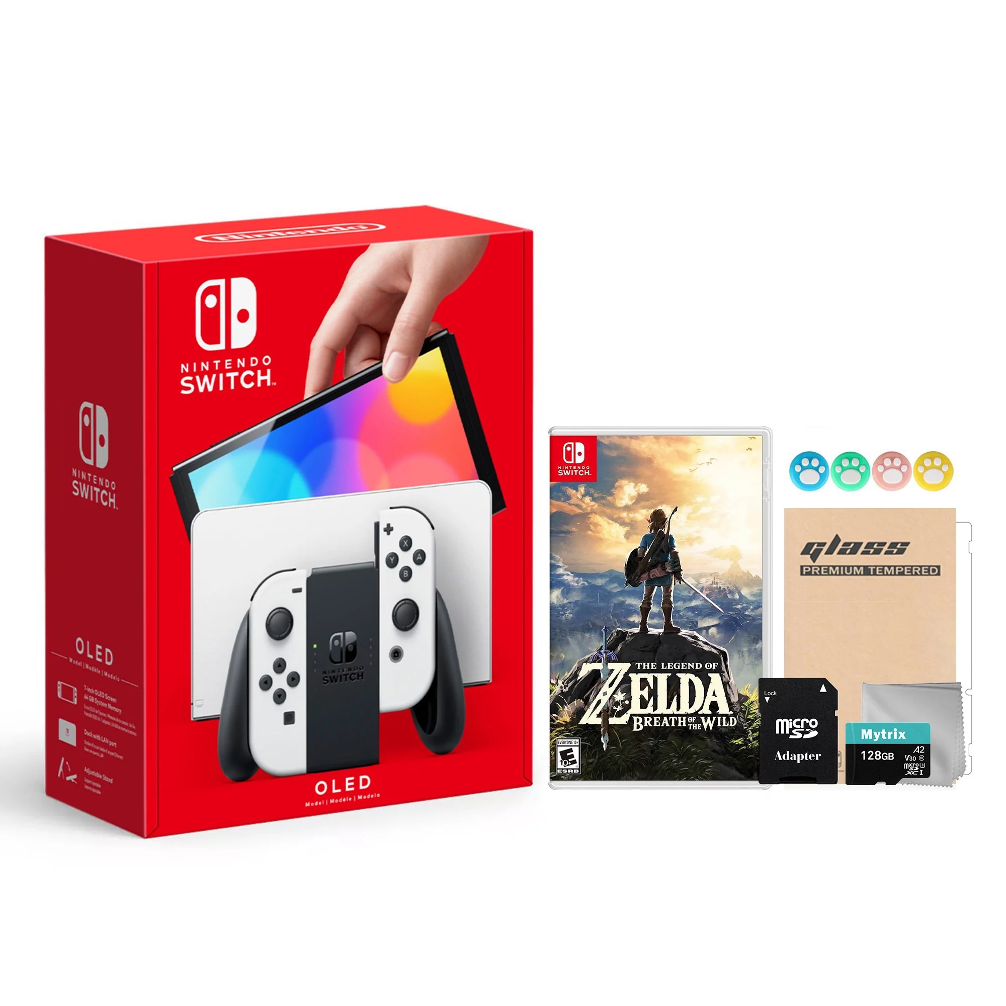 Nintendo Switch OLED Model White Joy Con 64GB Console Improved HD Screen and LAN-Port Dock with The Legend of Zelda: Breath of the Wild and Mytrix