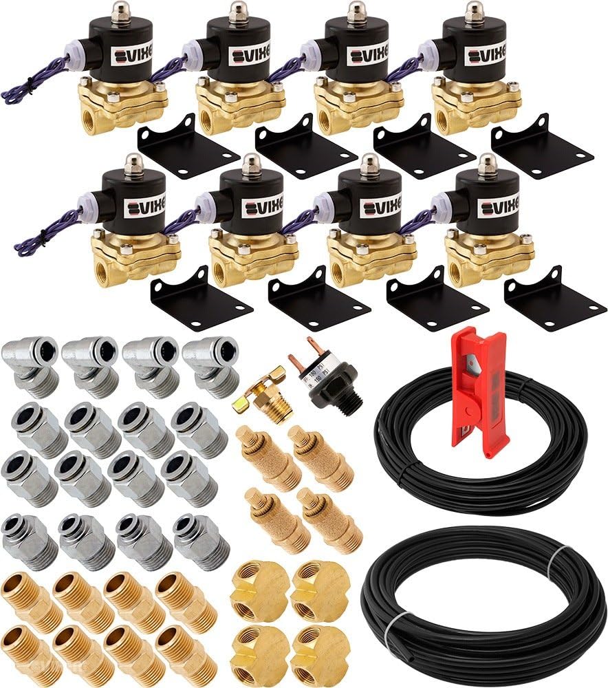 Vixen Air 3/8" NPT Air Ride Suspension High Flow Electric Air Valves/Solenoids 210 PSI Four Corners with Fittings and Hoses VXK3804H